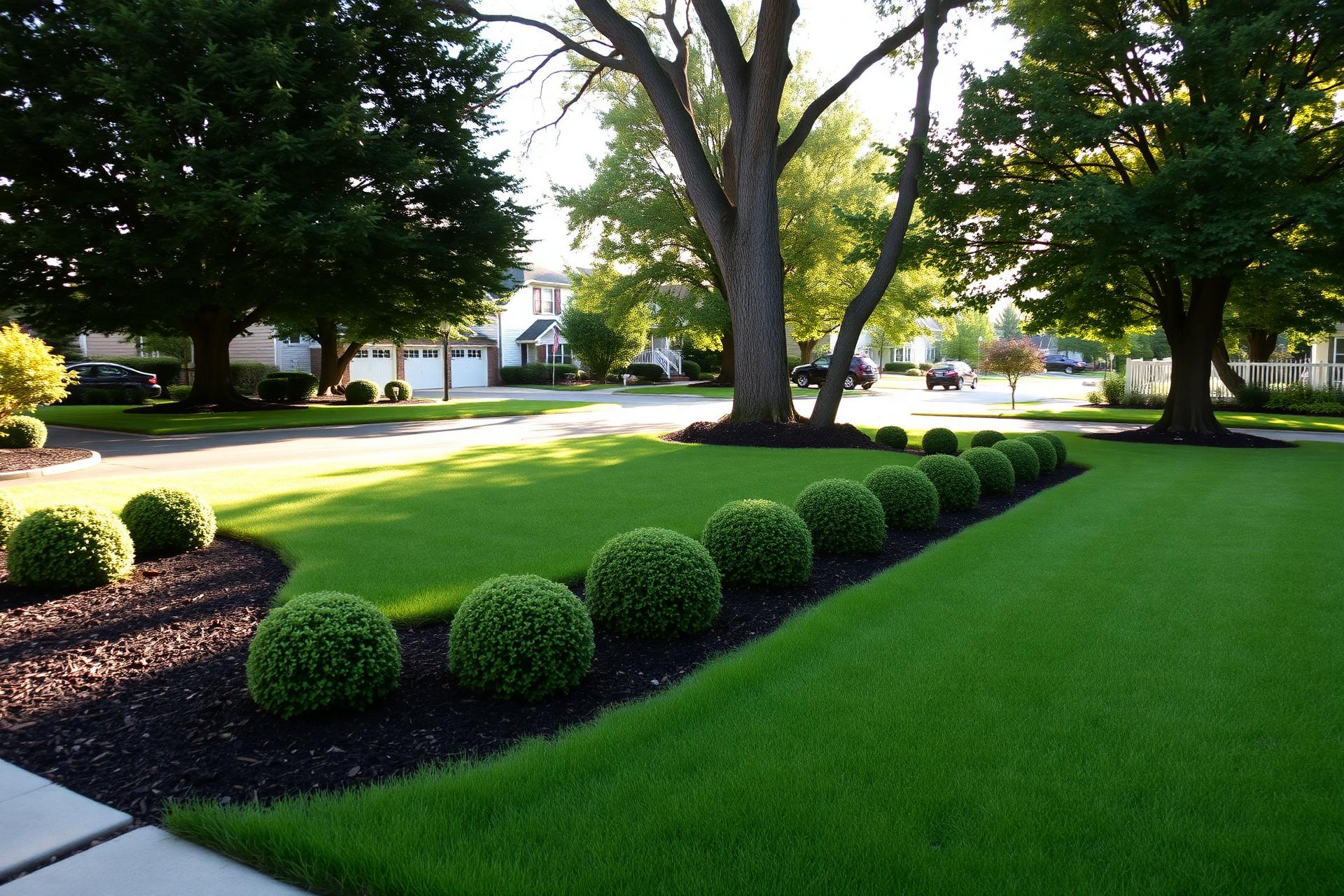 Manicured Long Island front yard with sculpted shrubs and fresh mulch